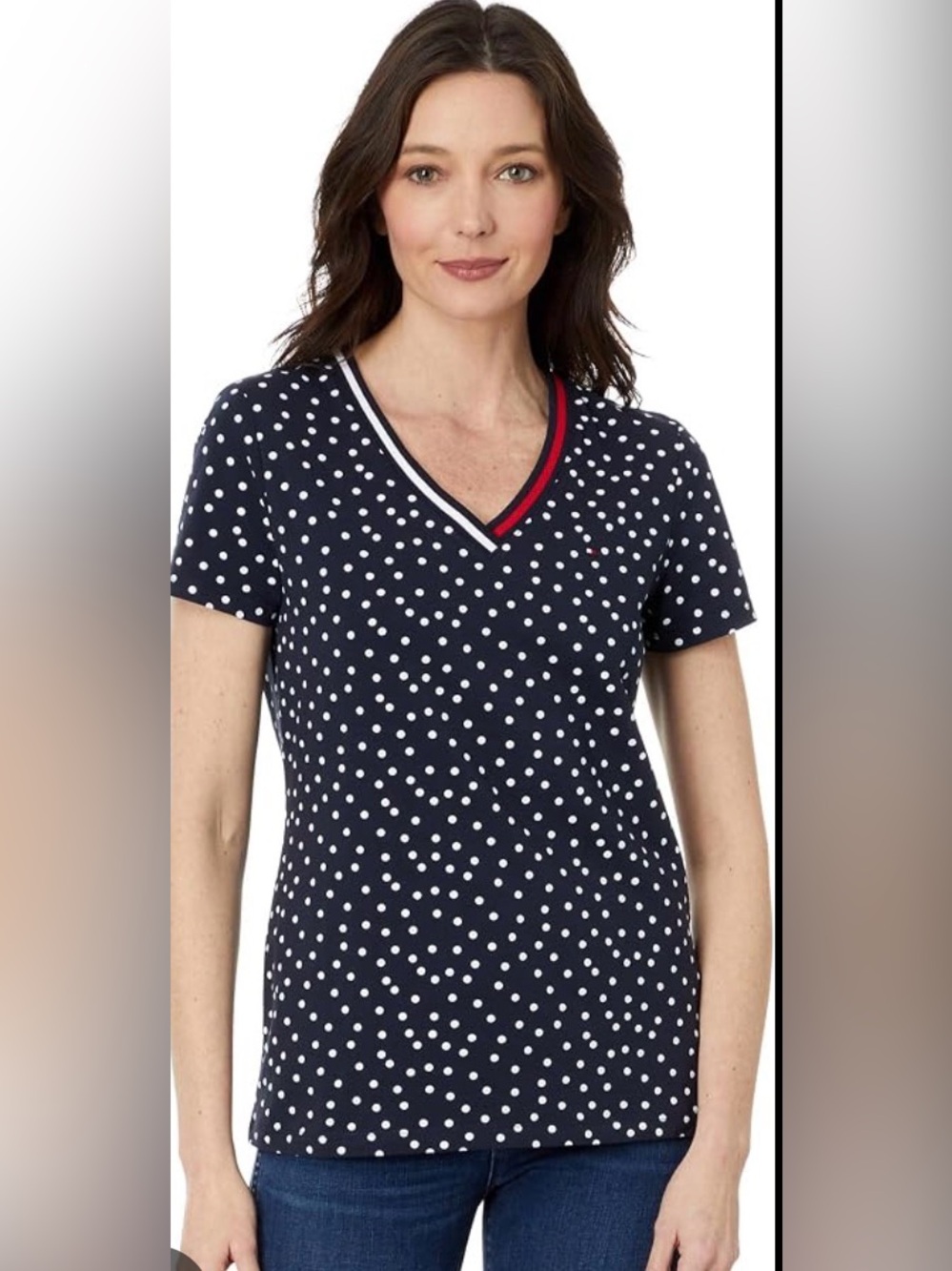NWT Tommy Hilfiger Navy Polka Dot V‑Neck Tee with Red Trim